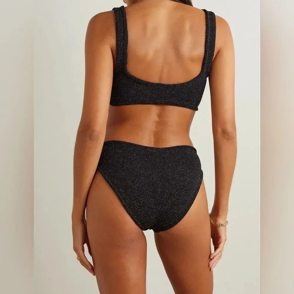 HUNZA G Bonnie Metallic Seersucker Bikini Black Textured Swimwear One-Size